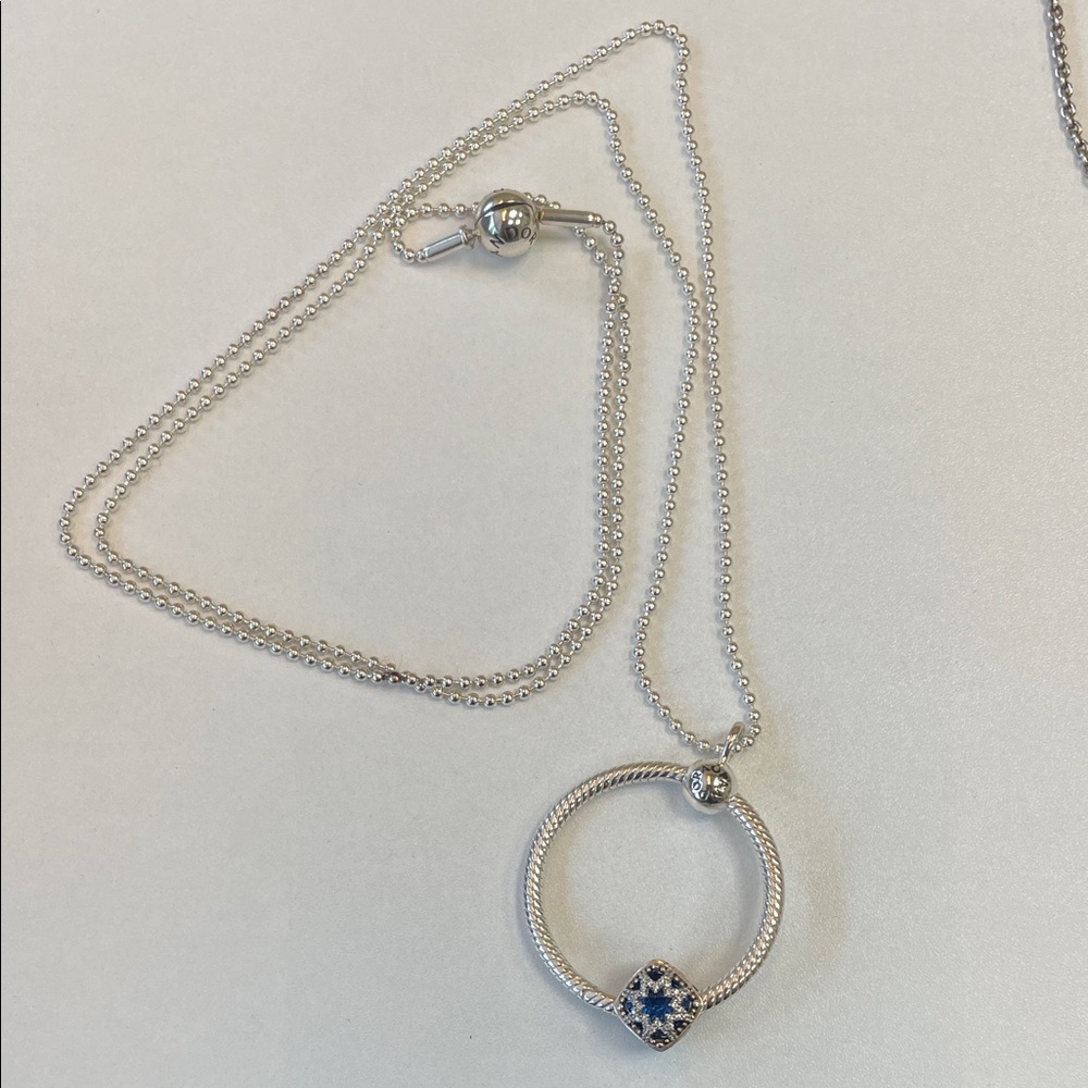 Pandora Silver Charm holder Necklace with Blue Charm